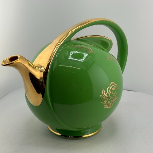 Vintage Hall Rhythm 6-Cup Teapot Emerald Green Gold Rose Mid-Century - Picture 3 of 9